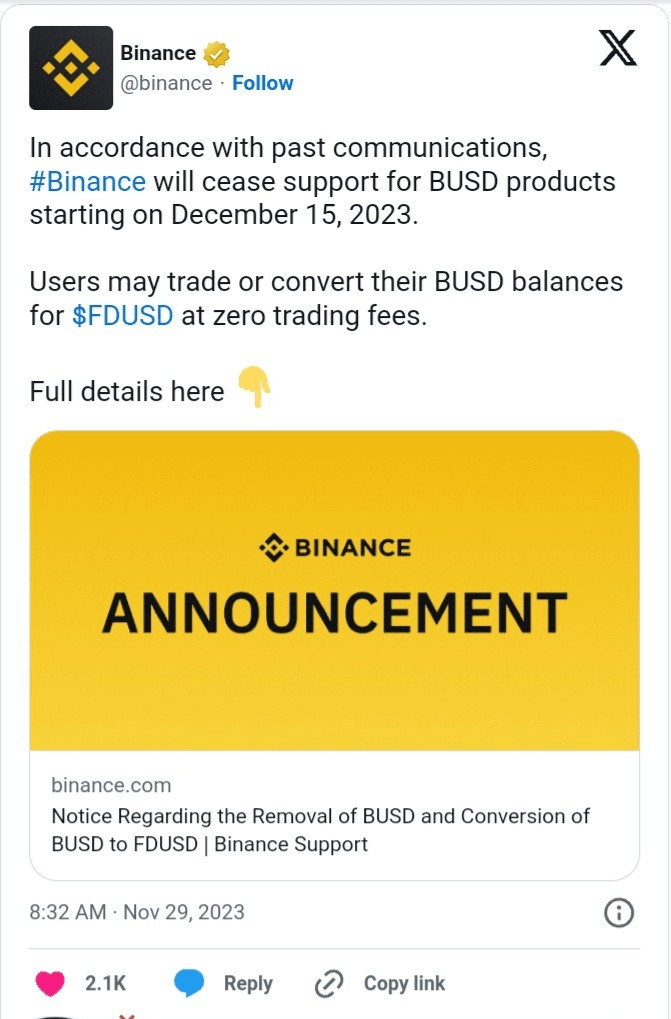 Binance To End of Support for BUSD Stablecoin