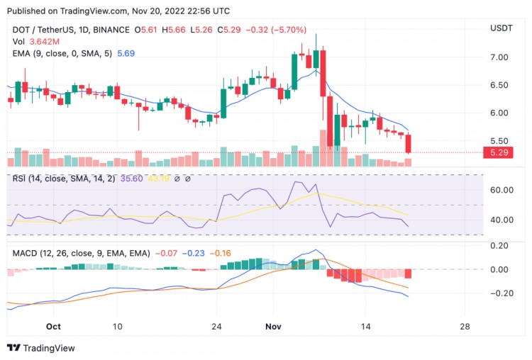 Polkadot 价格分析：DOT 跌至 5.36 美元继续下跌