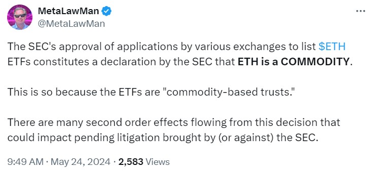 现货ETHSEC批准 ETF，这意味着ETH和大量其它代币不是证券